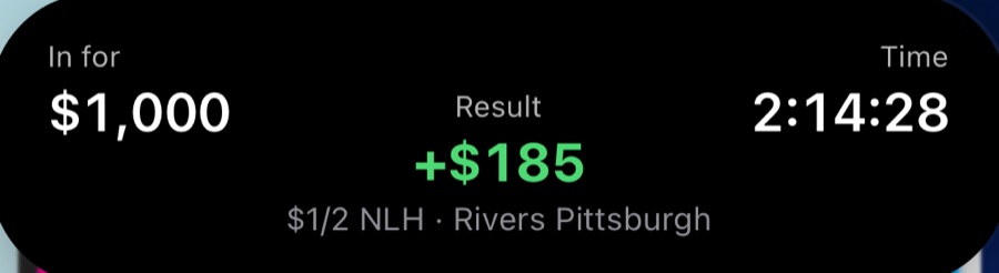 Dynamic Island showing $1,000 in, +$185 result, and 2:14:28 session time