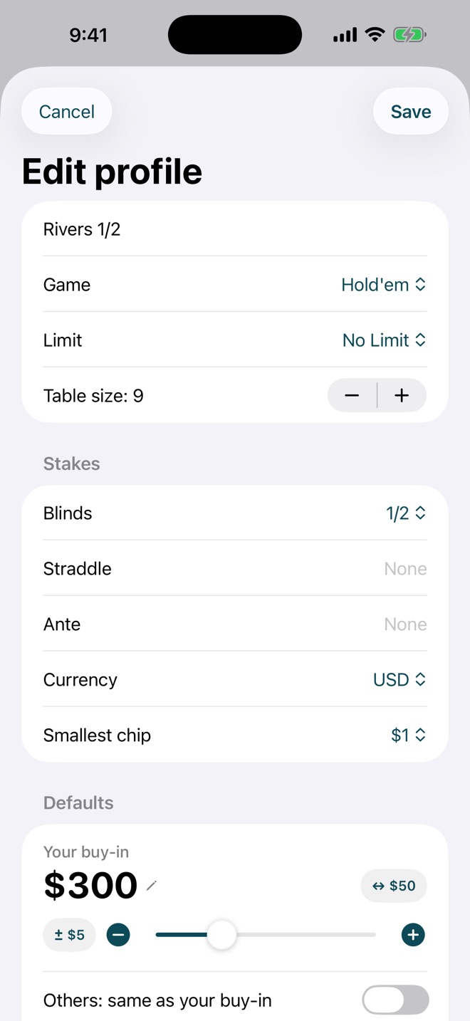Cash game profile editor