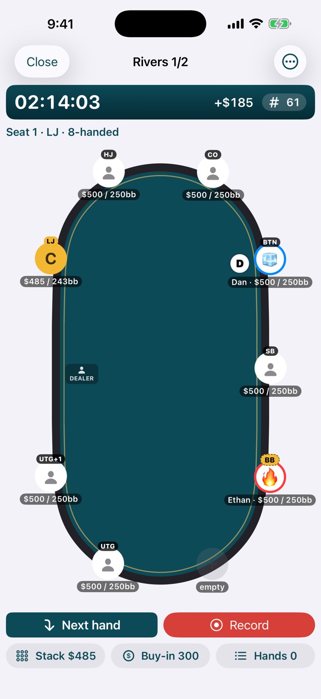 A live session: an 8-handed table with every stack in dollars and big blinds, the button, and the session clock
