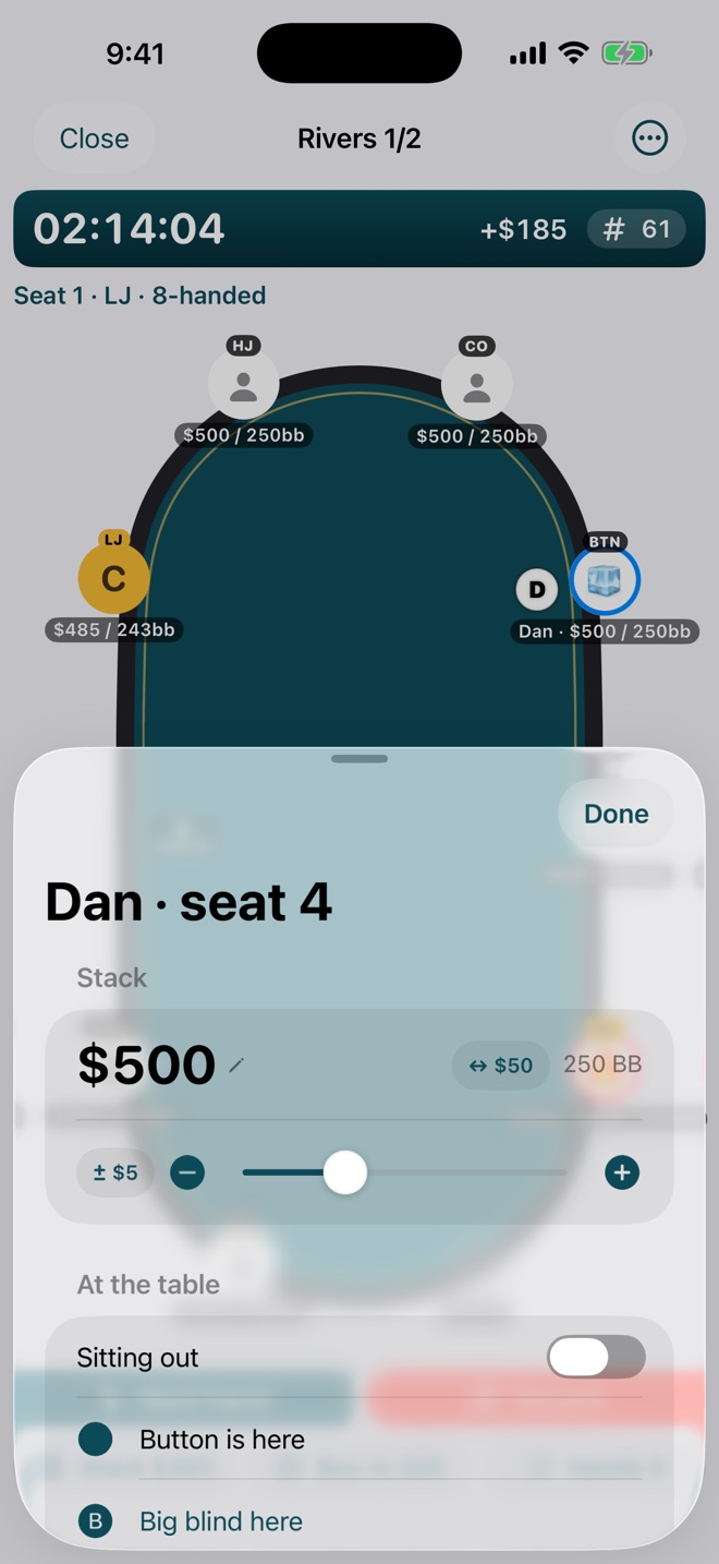 Seat editor with a stack slider, skip and step, and table actions