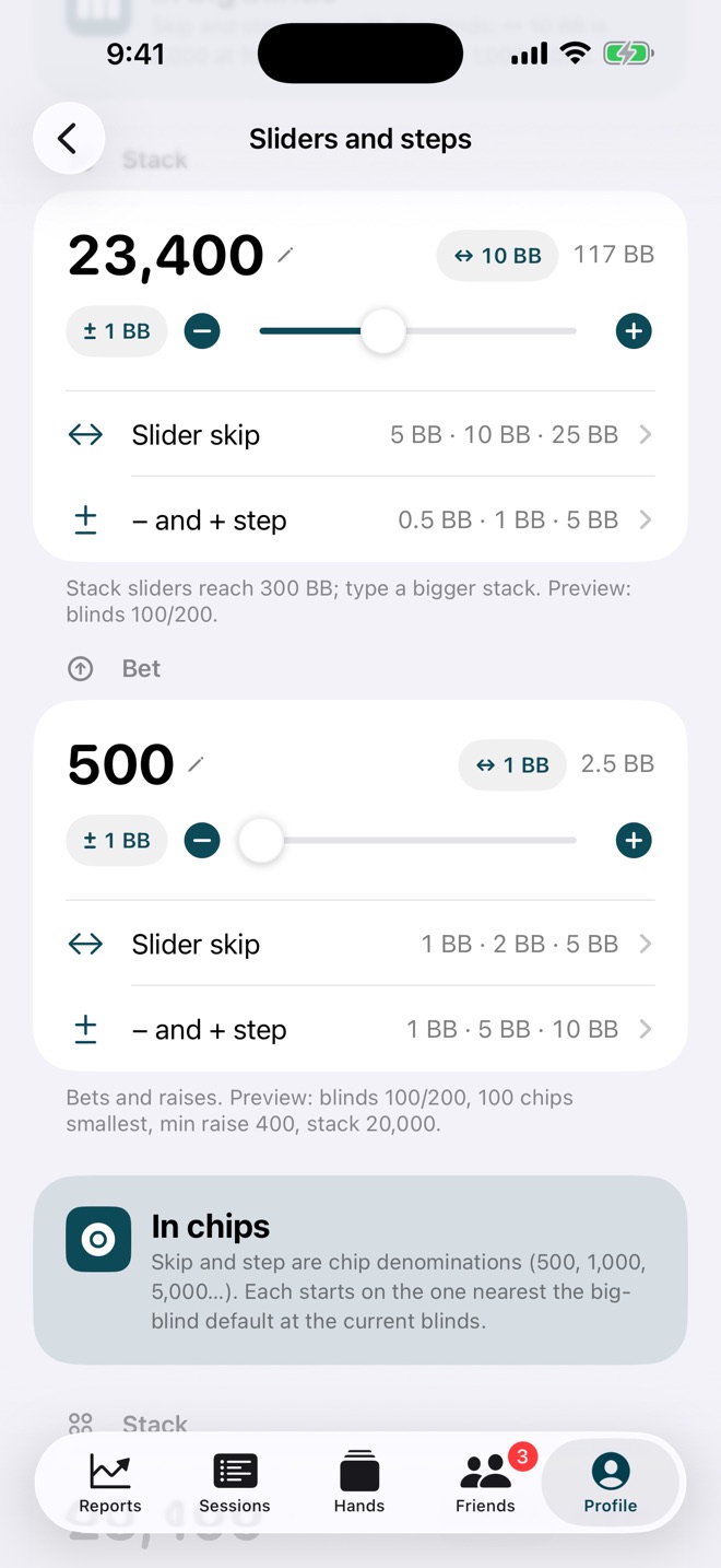 Sliders and steps settings for tournaments in big blinds
