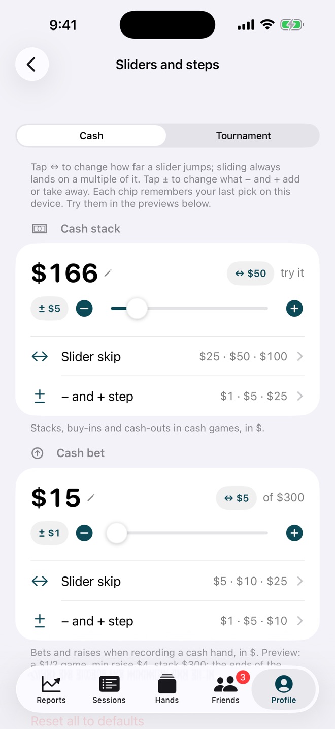 Sliders and steps settings for cash games