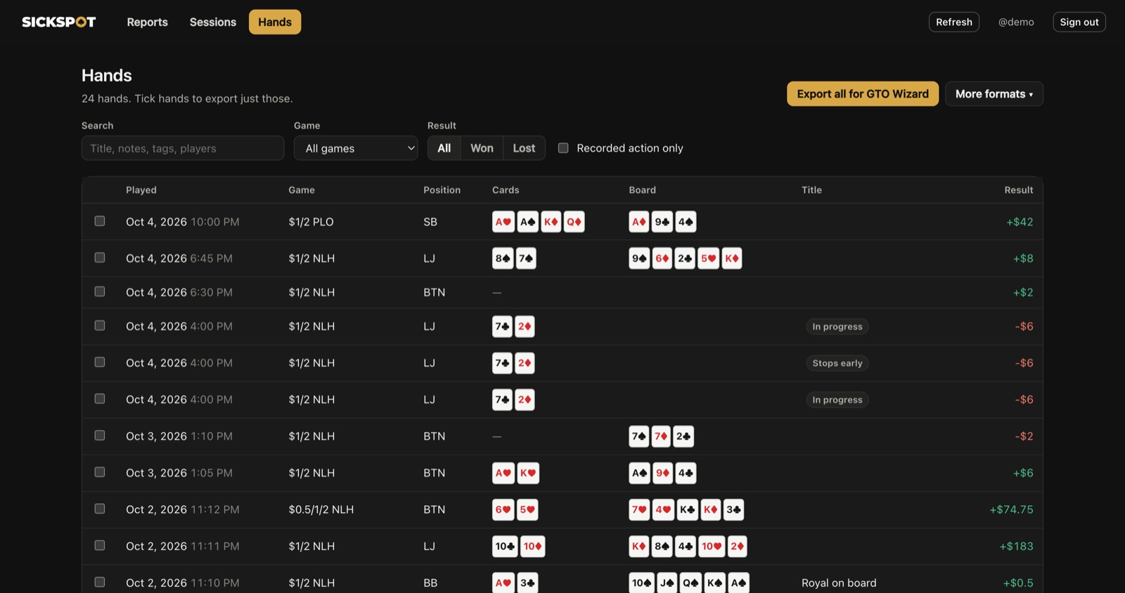 SickSpot on desktop: every hand with filters and Export all for GTO Wizard